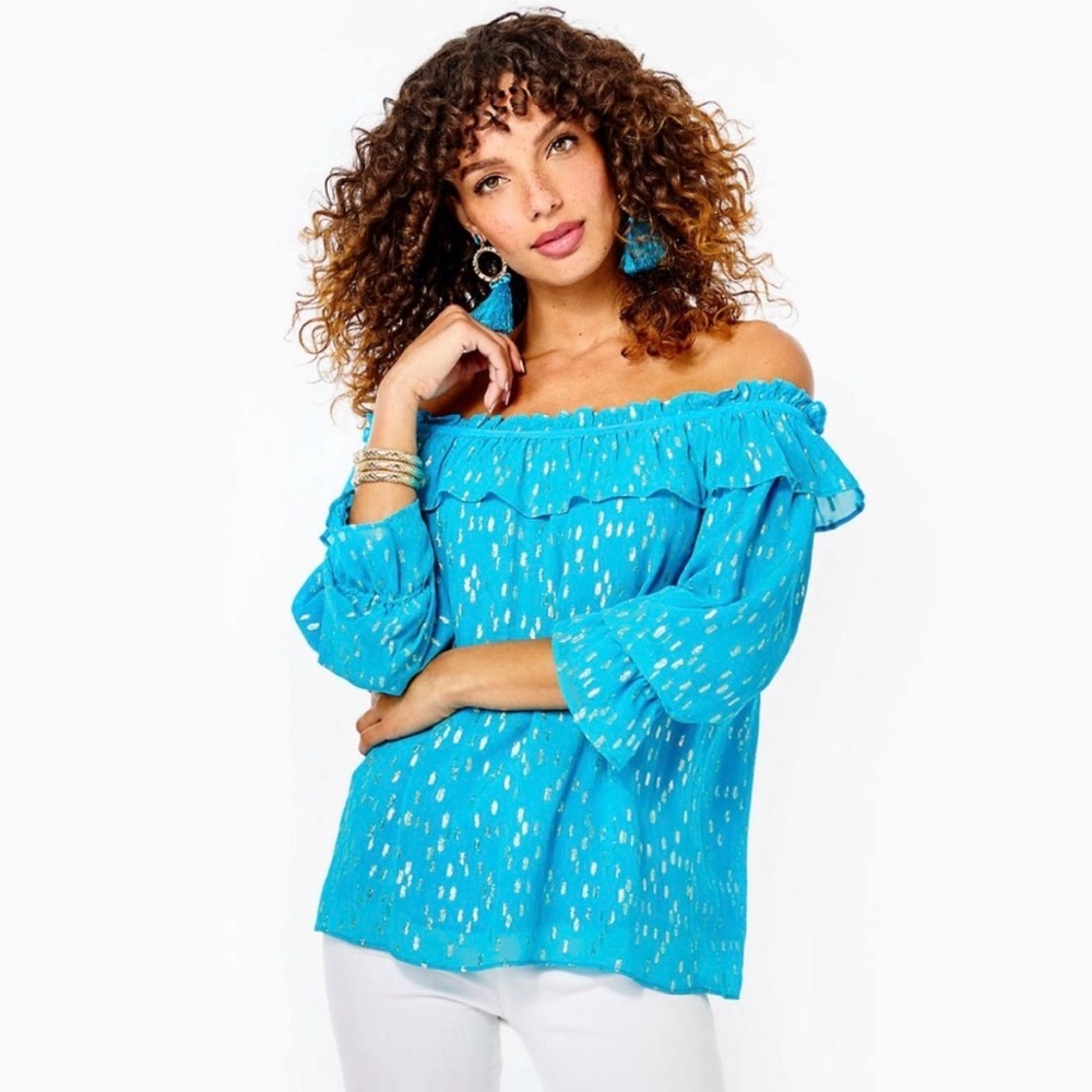 Lilly Pulitzer CeeCee Turquoise Oasis Metallic Off-Shoulder Blouse Shirt Top